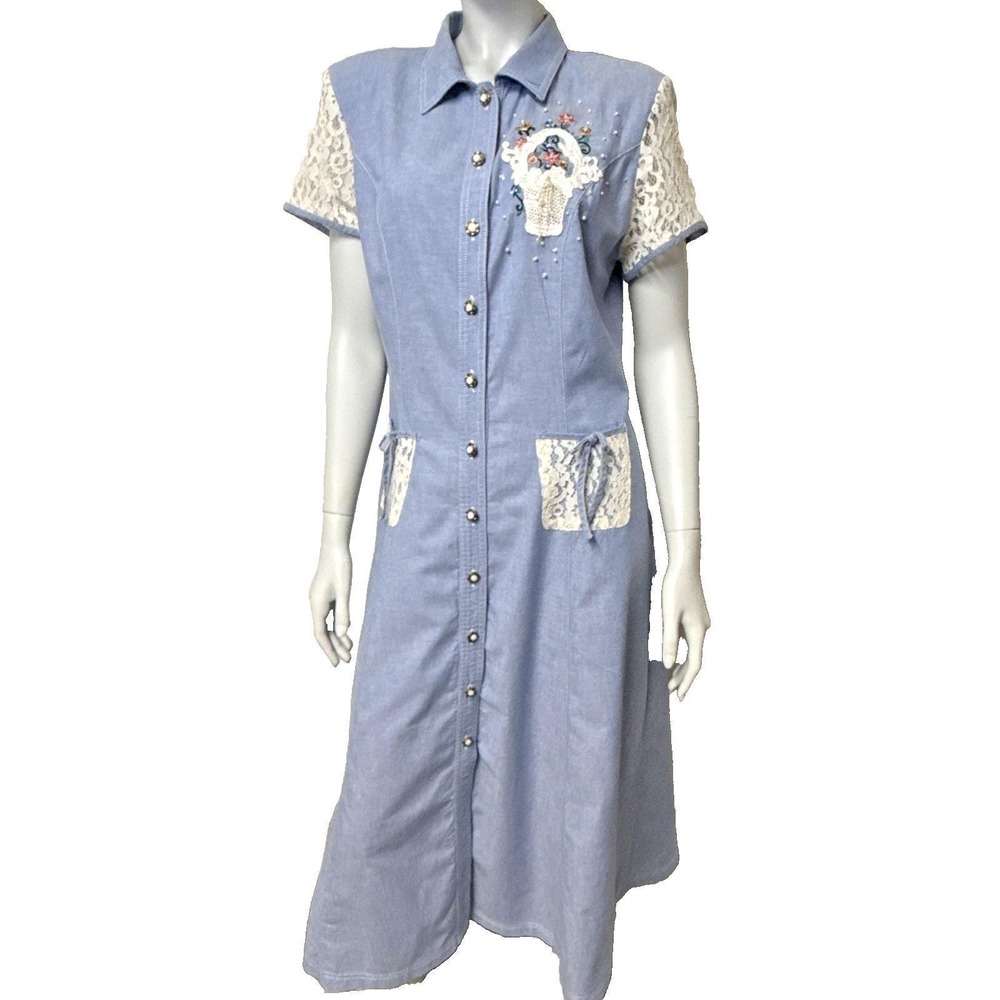 Vtg Dress Tea Garden Cottage Modest Lacy Afternoon Country Chic Granny Prairie M